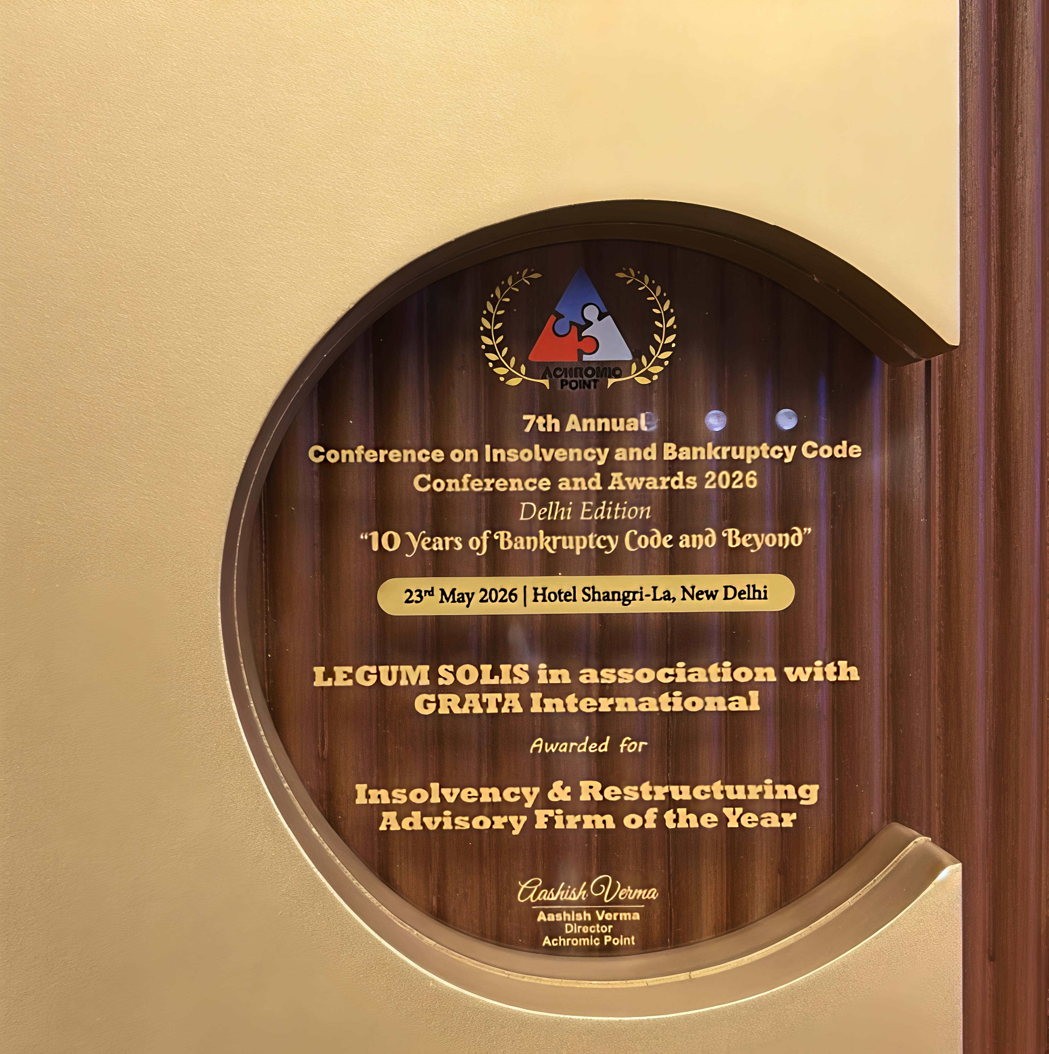 Legum Solis — Insolvency & Restructuring Advisory Firm of the Year, AEKOM IBC Conference 2026 — award plaque